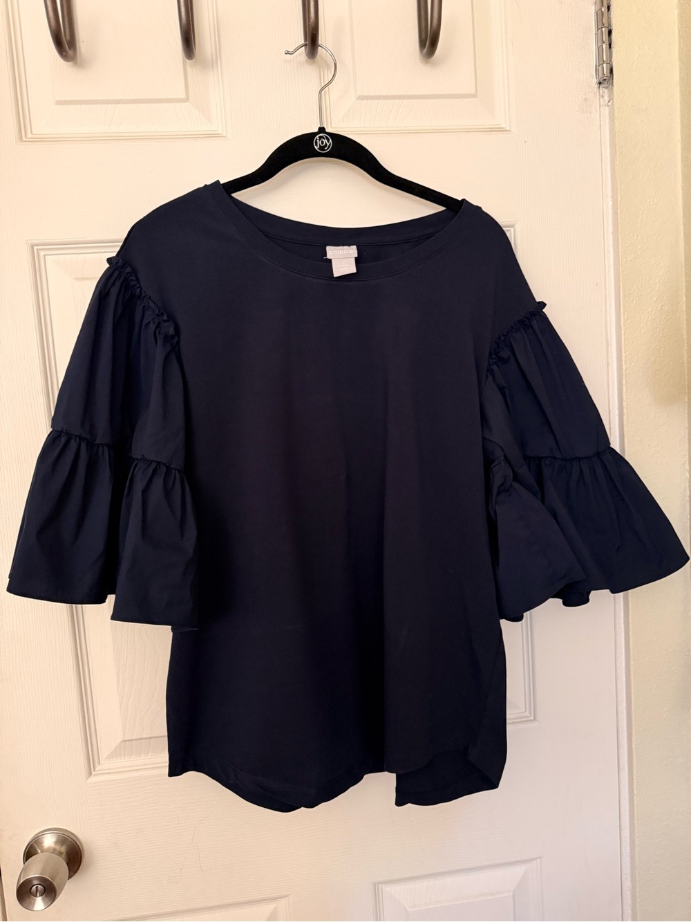 Women's Navy Ruffle Sleeve Top - Classic Casual